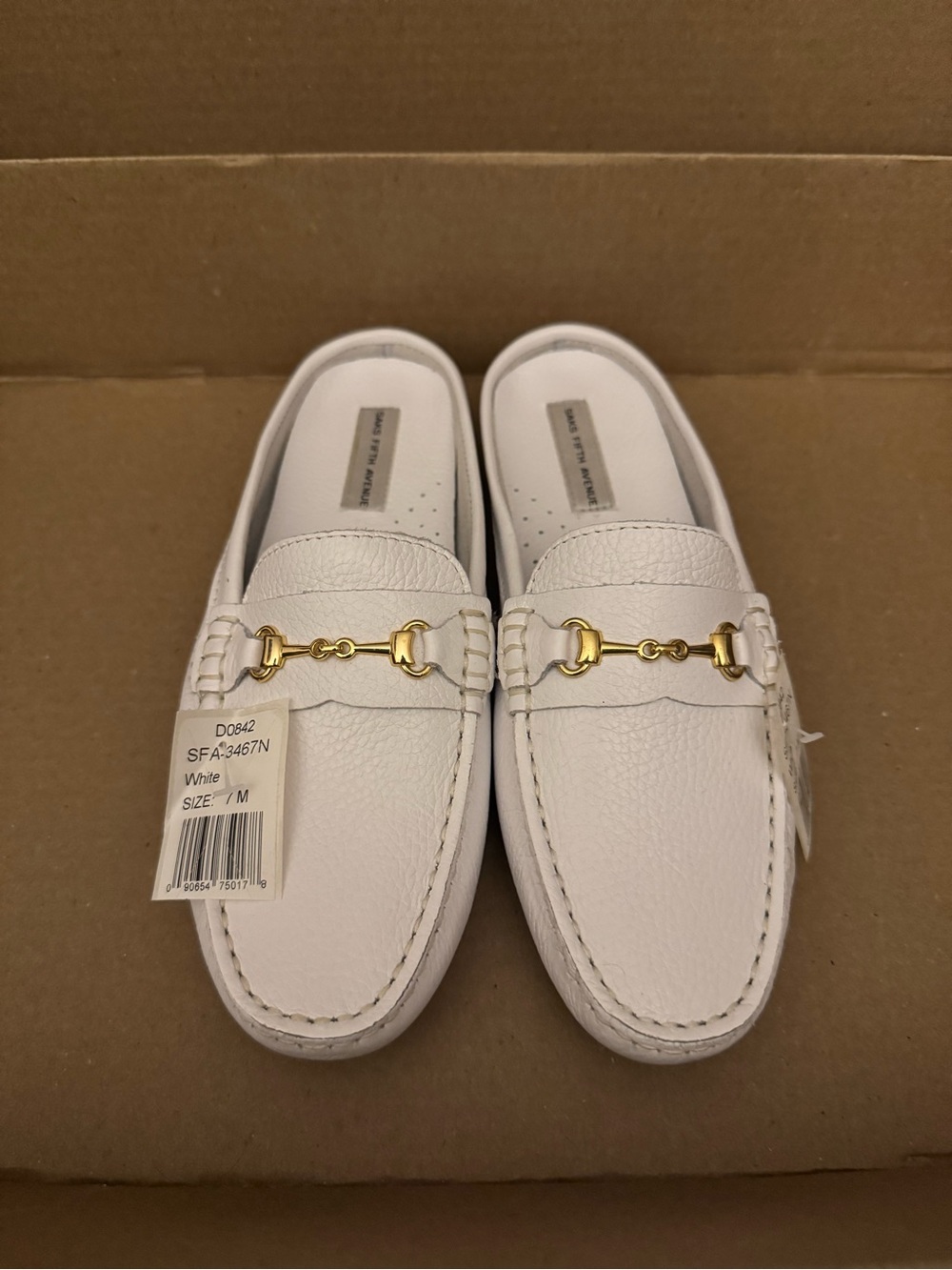 Saks Fifth Avenue Genuine Leather Backless White Slip-On Loafers Shoes 7B NWT